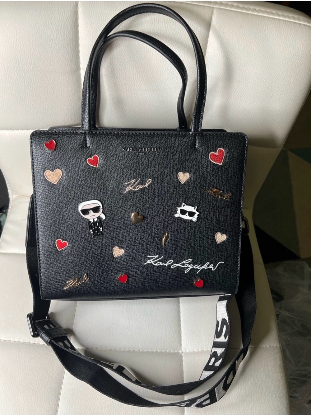 Karl Lagerfeld Black Satchel with Red & Gold Heart Accents